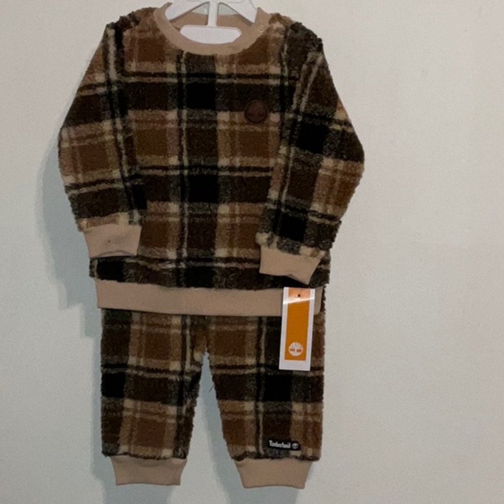 TIMBERLAND KIDS SHERPA BROWN PLAID 2pc.COZY BOYS JOGGER PULLOVER 12M SET NWT